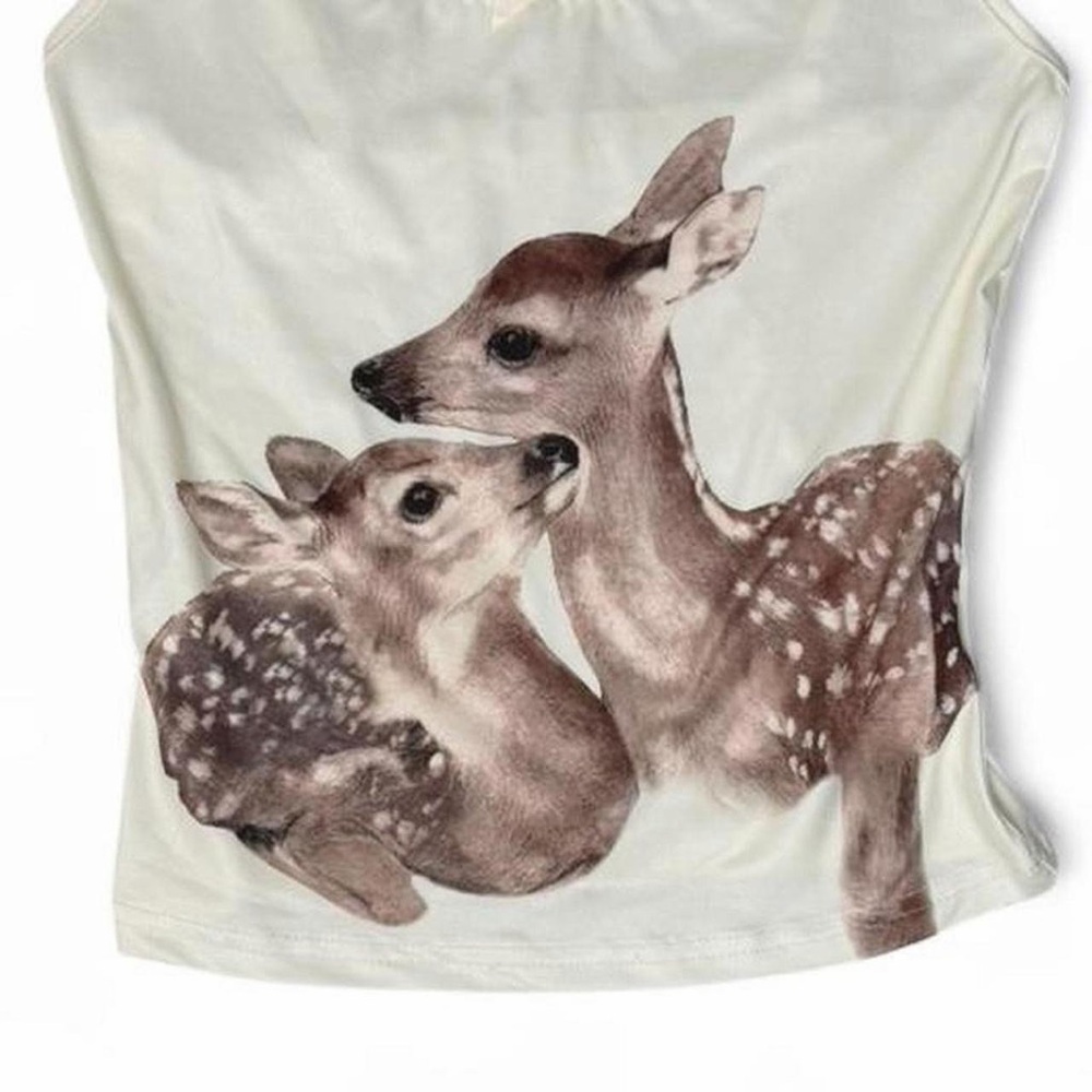 Y2K Coquette Deer Graphic Lace Bow Cami XS Cottage Tank Brandy Melville Style - Picture 5 of 8